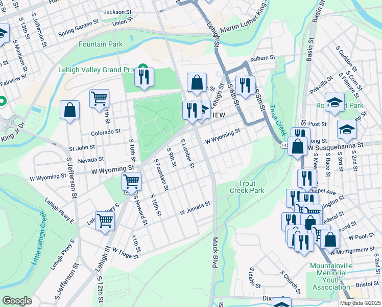 map of restaurants, bars, coffee shops, grocery stores, and more near 1011 South Lumber Street in Allentown