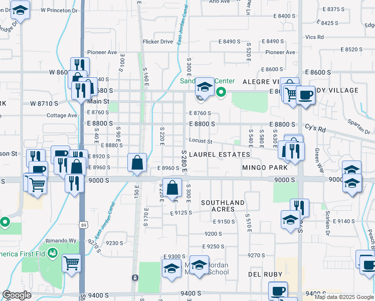 map of restaurants, bars, coffee shops, grocery stores, and more near 8897 South 280 East in Sandy