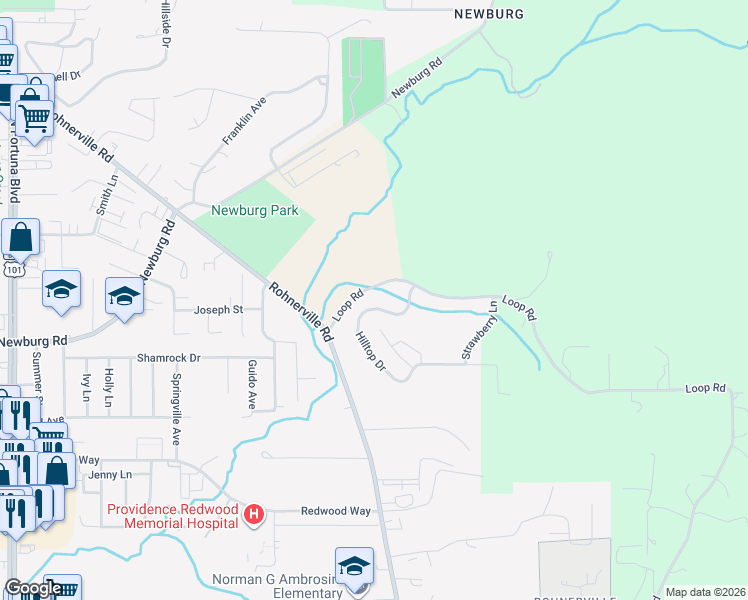 map of restaurants, bars, coffee shops, grocery stores, and more near 397 Hilltop Drive in Fortuna