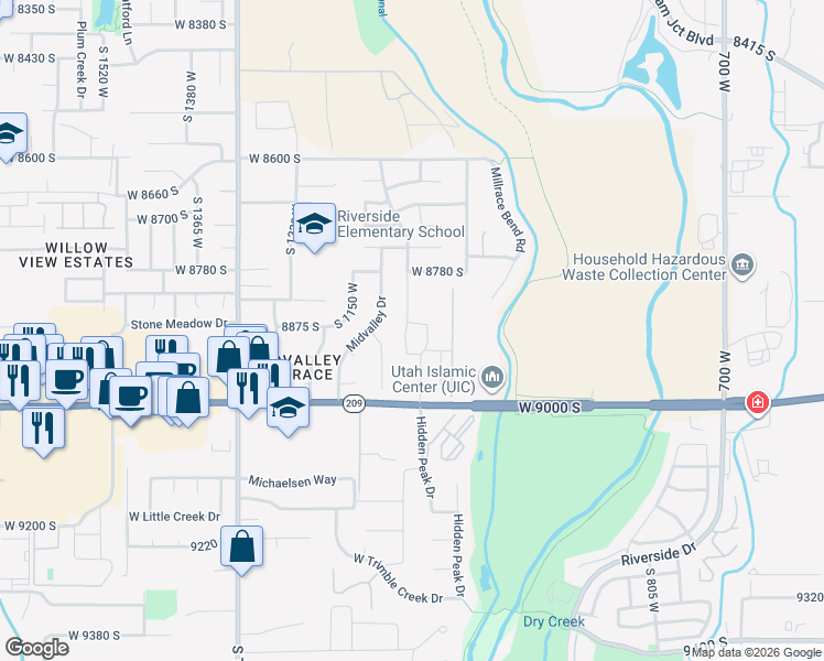 map of restaurants, bars, coffee shops, grocery stores, and more near 8881 1095 West in West Jordan