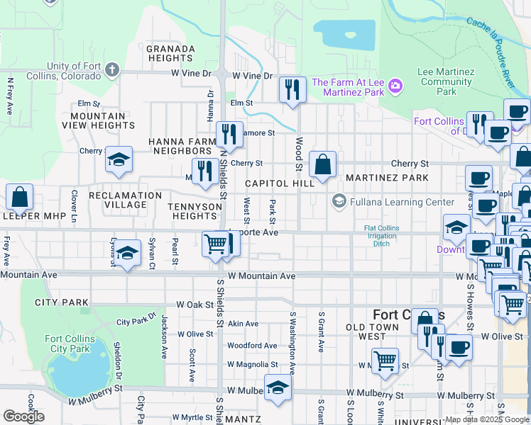 map of restaurants, bars, coffee shops, grocery stores, and more near 219 Park Street in Fort Collins