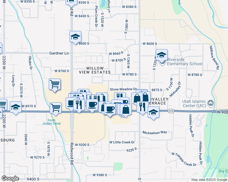 map of restaurants, bars, coffee shops, grocery stores, and more near 1453 Stone Meadow Drive in West Jordan