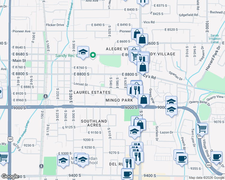 map of restaurants, bars, coffee shops, grocery stores, and more near 8895 South 540 East in Sandy