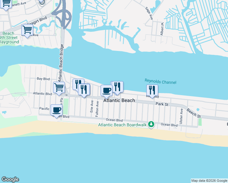 map of restaurants, bars, coffee shops, grocery stores, and more near Bay Boulevard in Atlantic Beach