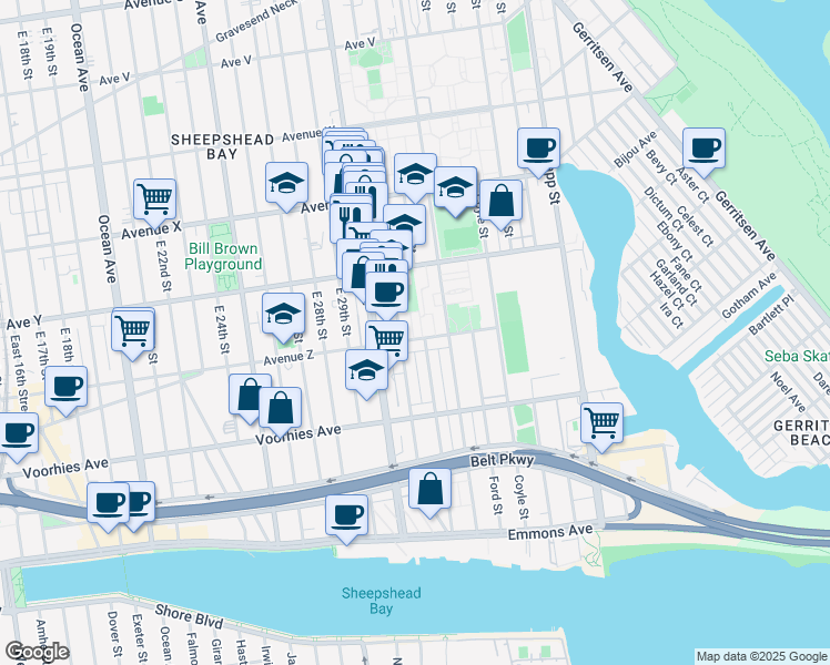 map of restaurants, bars, coffee shops, grocery stores, and more near 2965 Avenue Z in Brooklyn