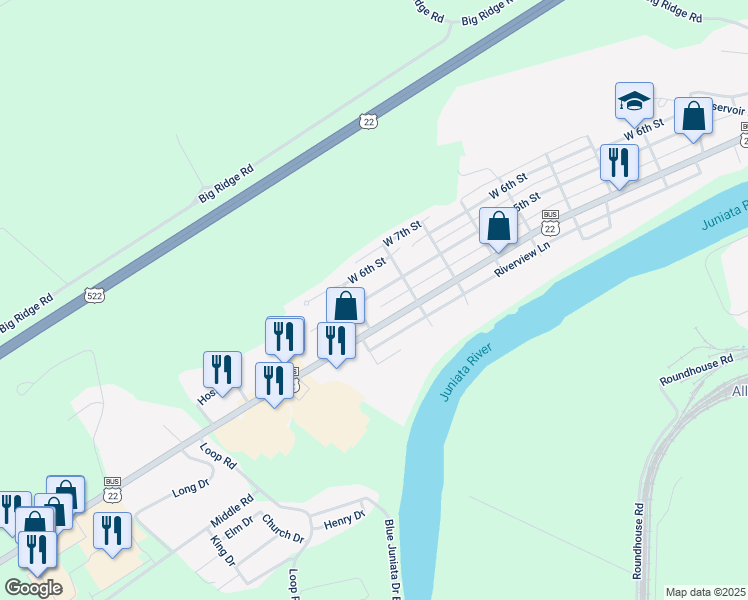 map of restaurants, bars, coffee shops, grocery stores, and more near 1132 West 5th Street in Lewistown