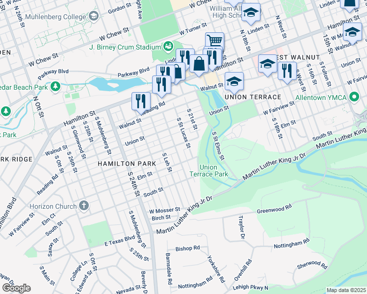map of restaurants, bars, coffee shops, grocery stores, and more near 2134 West Fairview Street in Allentown