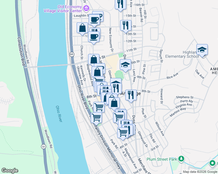 map of restaurants, bars, coffee shops, grocery stores, and more near 820 Glenwood Avenue in Ambridge