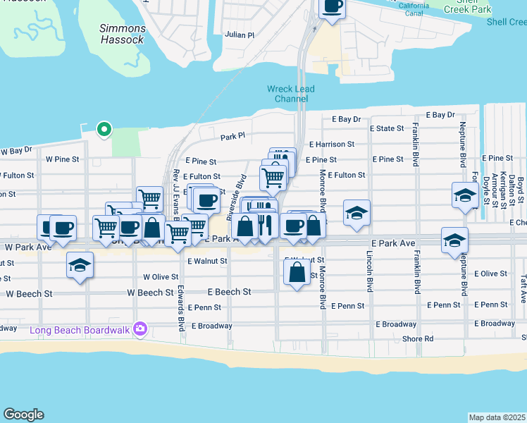 map of restaurants, bars, coffee shops, grocery stores, and more near 160 East Market Street in Long Beach