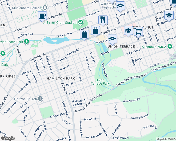 map of restaurants, bars, coffee shops, grocery stores, and more near 2134 West Fairview Street in Allentown