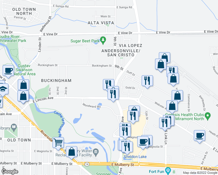 map of restaurants, bars, coffee shops, grocery stores, and more near 225 9th Street in Fort Collins