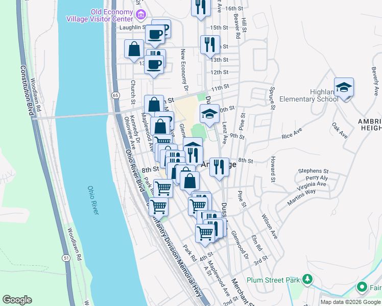 map of restaurants, bars, coffee shops, grocery stores, and more near 820 Glenwood Avenue in Ambridge
