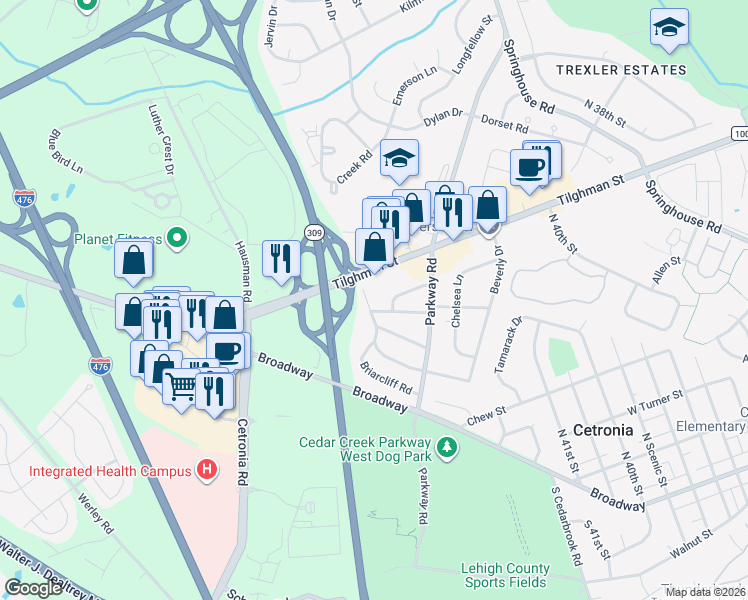 map of restaurants, bars, coffee shops, grocery stores, and more near 4293 Windsor Dr in Allentown