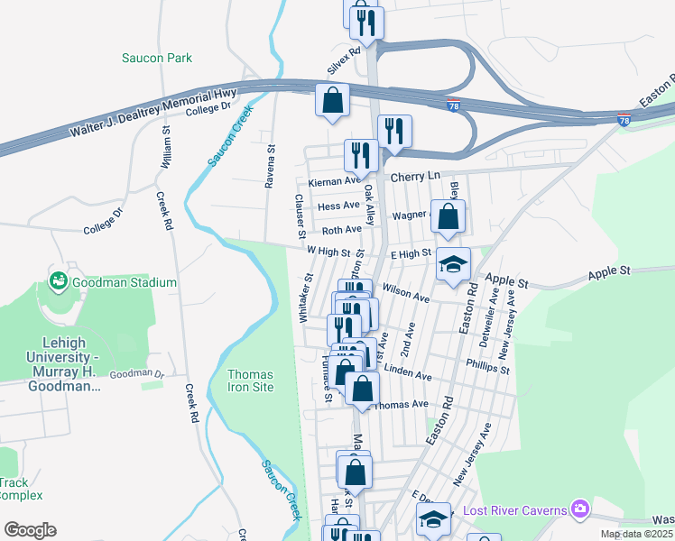 map of restaurants, bars, coffee shops, grocery stores, and more near 1395 Jefferson Street in Hellertown