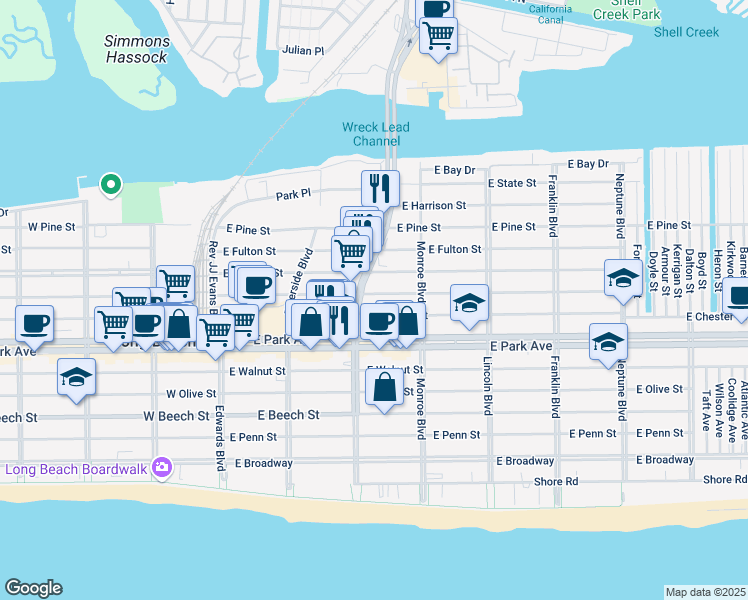 map of restaurants, bars, coffee shops, grocery stores, and more near 206 East Market Street in Long Beach
