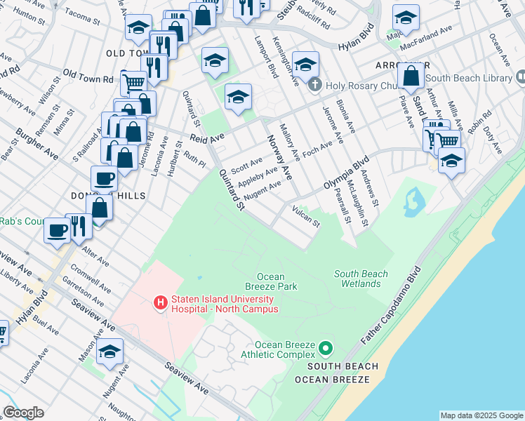 map of restaurants, bars, coffee shops, grocery stores, and more near 32 Winfield Street in Staten Island