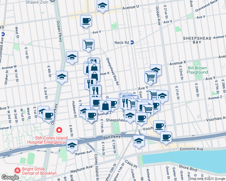 map of restaurants, bars, coffee shops, grocery stores, and more near 2470 Homecrest Avenue in Brooklyn