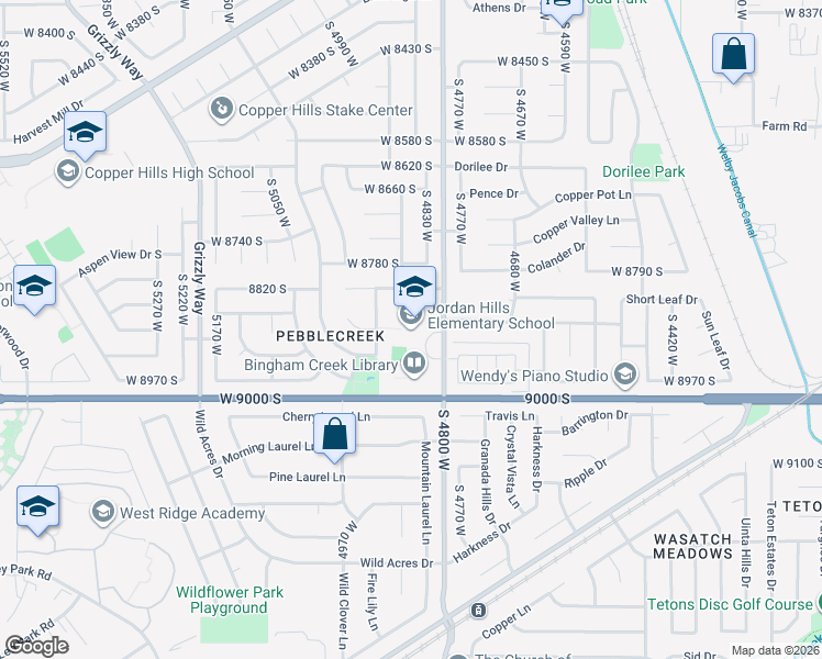 map of restaurants, bars, coffee shops, grocery stores, and more near 8892 South 4800 West in West Jordan