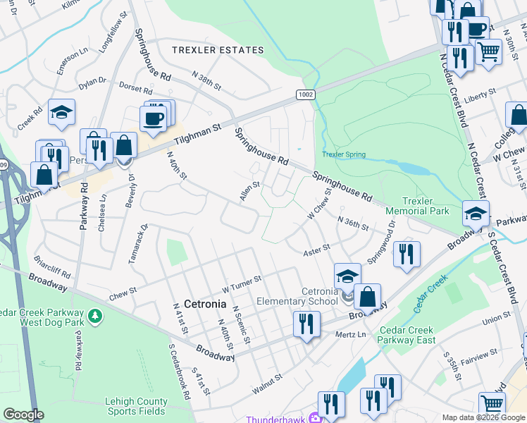 map of restaurants, bars, coffee shops, grocery stores, and more near 503 North 40th Street in Allentown