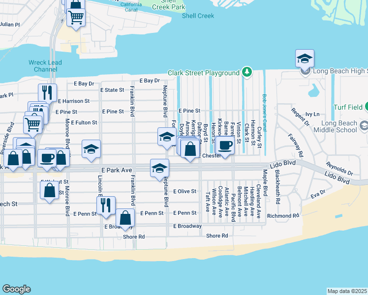 map of restaurants, bars, coffee shops, grocery stores, and more near 10 Doyle Street in Long Beach