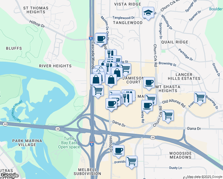 map of restaurants, bars, coffee shops, grocery stores, and more near 1233 Hilltop Drive in Redding