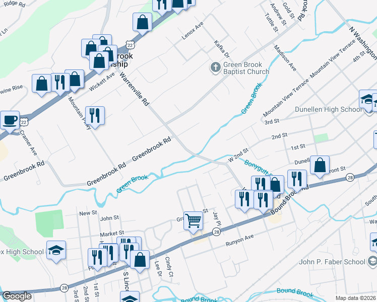 map of restaurants, bars, coffee shops, grocery stores, and more near 103 Warrenville Road in Green Brook Township