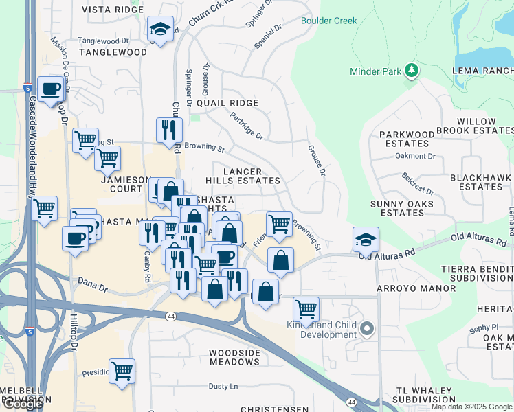 map of restaurants, bars, coffee shops, grocery stores, and more near 1390 Serrano Place in Redding
