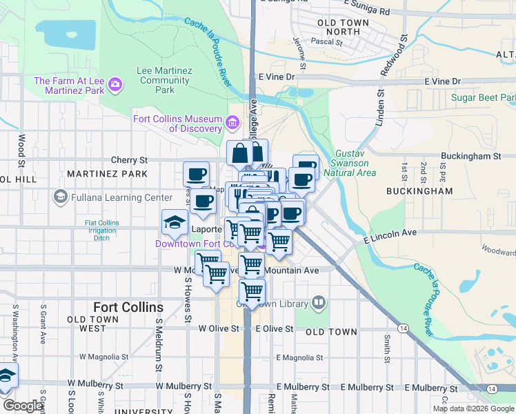 map of restaurants, bars, coffee shops, grocery stores, and more near 242 North College Avenue in Fort Collins
