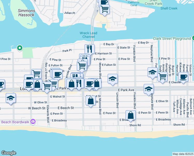 map of restaurants, bars, coffee shops, grocery stores, and more near 250 East Market Street in Long Beach