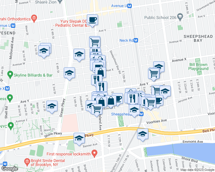 map of restaurants, bars, coffee shops, grocery stores, and more near 2470 East 12th Street in Brooklyn