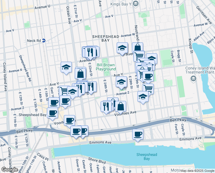 map of restaurants, bars, coffee shops, grocery stores, and more near 2547 East 24th Street in Brooklyn