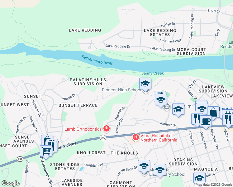 map of restaurants, bars, coffee shops, grocery stores, and more near 537 Royal Oaks Drive in Redding