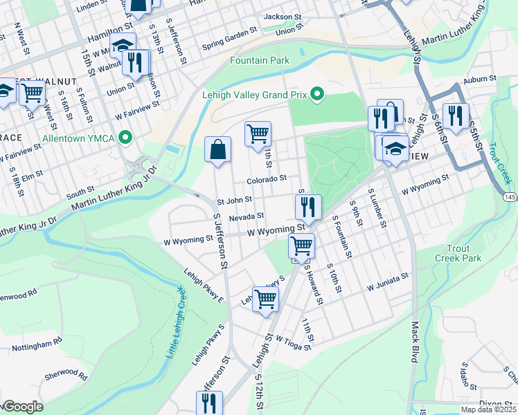 map of restaurants, bars, coffee shops, grocery stores, and more near 911 South Poplar Street in Allentown
