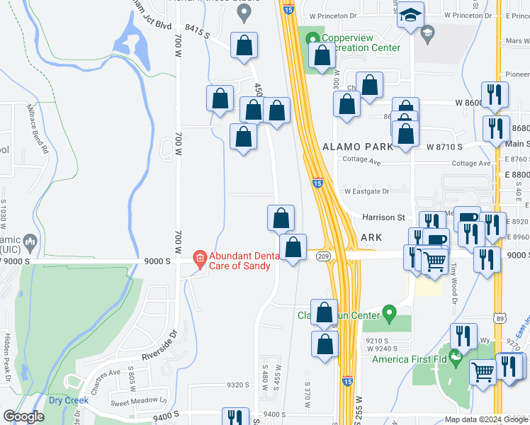map of restaurants, bars, coffee shops, grocery stores, and more near 8886 Sandy Parkway in Sandy