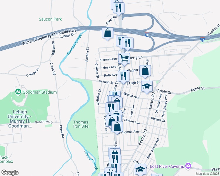 map of restaurants, bars, coffee shops, grocery stores, and more near 1395 Jefferson Street in Hellertown