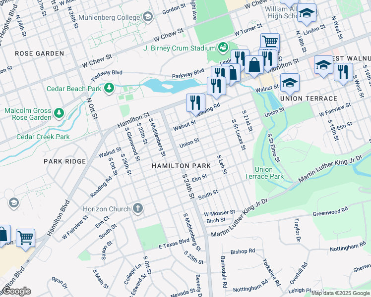 map of restaurants, bars, coffee shops, grocery stores, and more near 2328 Union Street in Allentown