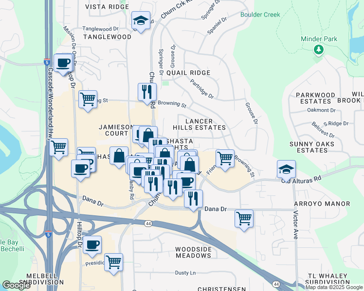 map of restaurants, bars, coffee shops, grocery stores, and more near 1229 Burton Court in Redding