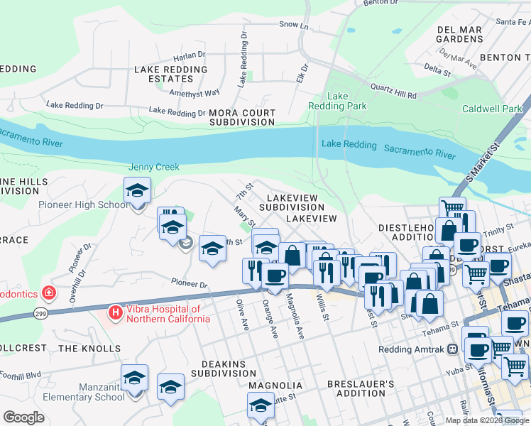 map of restaurants, bars, coffee shops, grocery stores, and more near 798 West Street in Redding