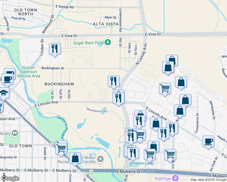 map of restaurants, bars, coffee shops, grocery stores, and more near 225 9th St in Fort Collins