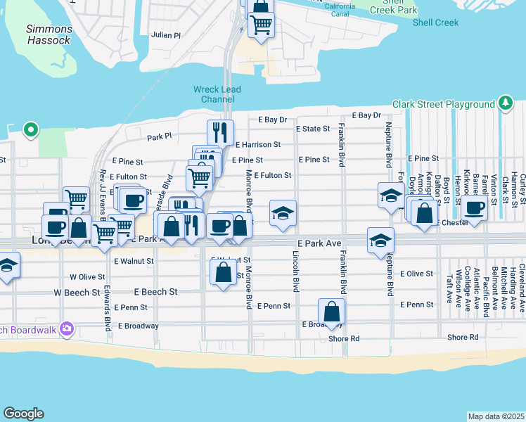 map of restaurants, bars, coffee shops, grocery stores, and more near 320 East Market Street in Long Beach