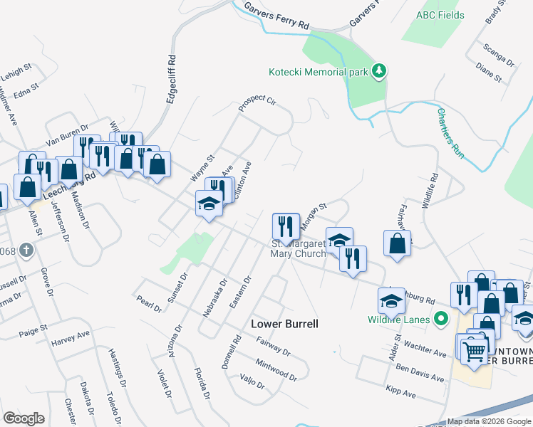 map of restaurants, bars, coffee shops, grocery stores, and more near 132 Yale Dr in New Kensington