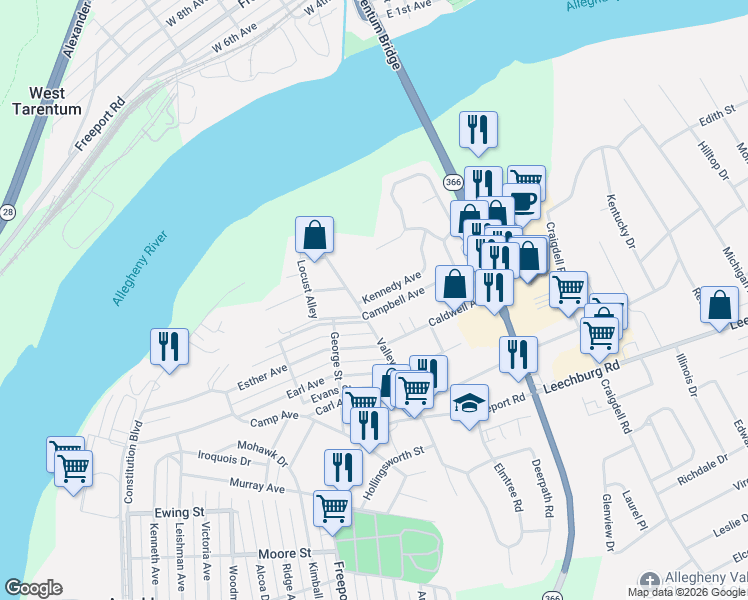 map of restaurants, bars, coffee shops, grocery stores, and more near 715 Campbell Avenue in New Kensington