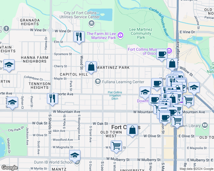 map of restaurants, bars, coffee shops, grocery stores, and more near 226 North Loomis Avenue in Fort Collins