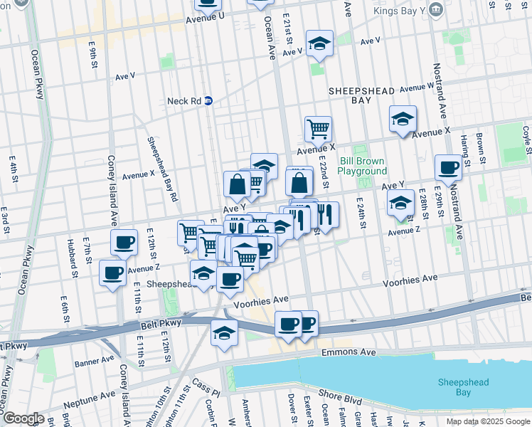 map of restaurants, bars, coffee shops, grocery stores, and more near 2515 East 18th Street in Brooklyn