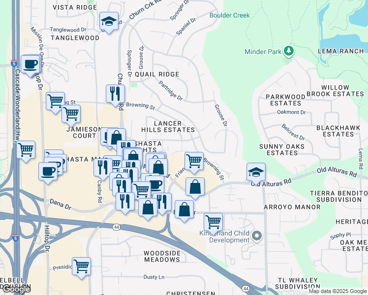 map of restaurants, bars, coffee shops, grocery stores, and more near 1420 Serrano Place in Redding