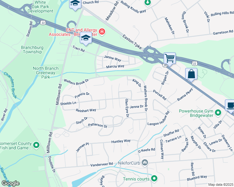 map of restaurants, bars, coffee shops, grocery stores, and more near 21 Schaal Street in Bridgewater Township