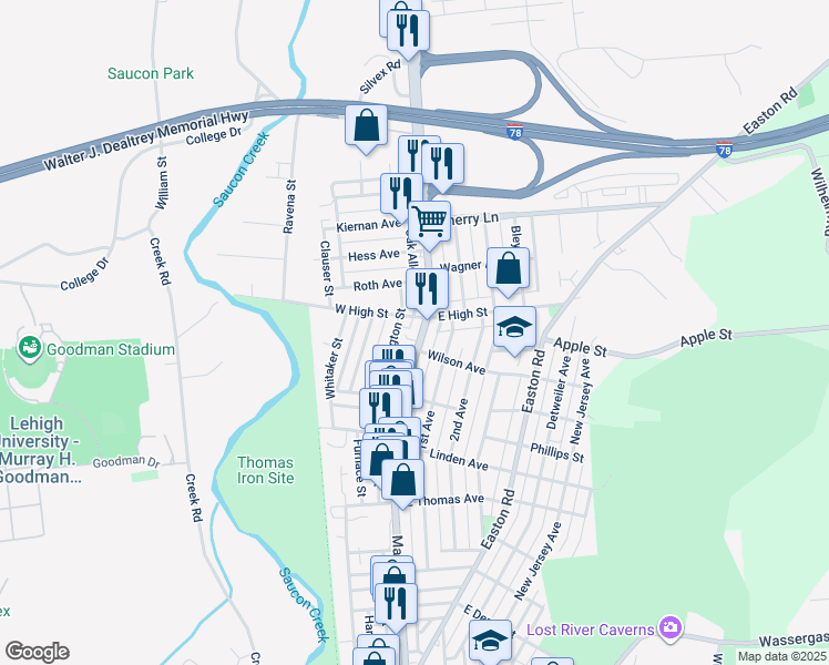 map of restaurants, bars, coffee shops, grocery stores, and more near 1422 Main Street in Hellertown