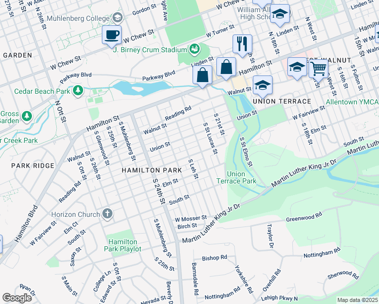 map of restaurants, bars, coffee shops, grocery stores, and more near 2227 West Fairview Street in Allentown
