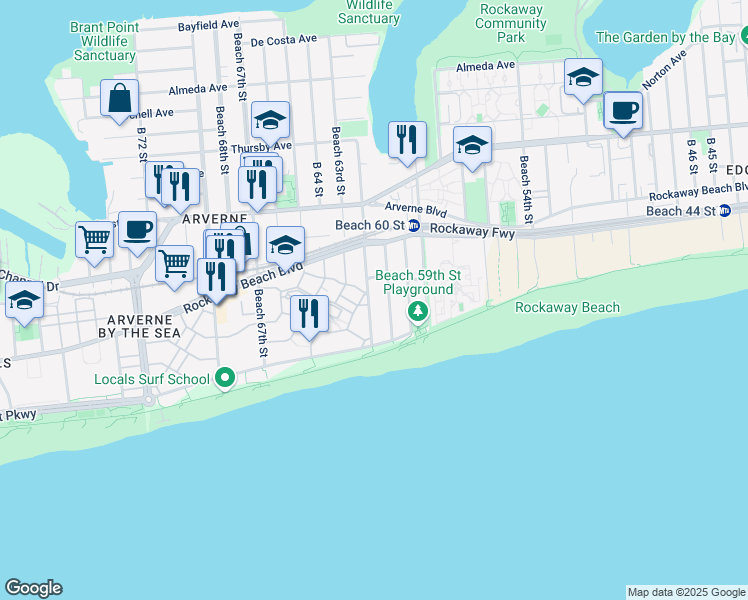 map of restaurants, bars, coffee shops, grocery stores, and more near 138 Beach 62nd Street in Queens