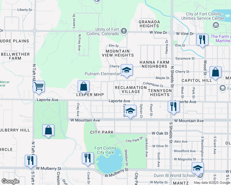 map of restaurants, bars, coffee shops, grocery stores, and more near 212 North Roosevelt Avenue in Fort Collins
